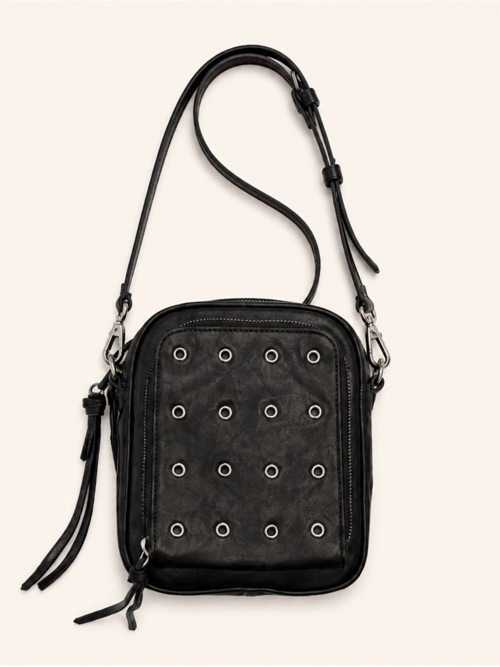 Joelle Hawkens Black Leather Studded Grommet Crossbody Camera Bag